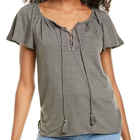 Max Studio Light Tan Yoke Lace Up Top with Flutter Sleeves Size Women's XL - Picture 1 of 13